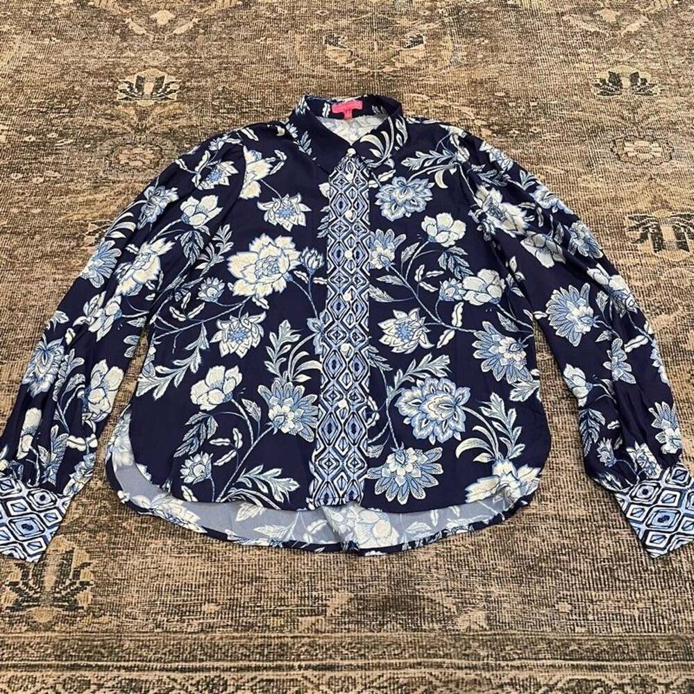 Flying Tomato Navy Blue Floral Boho Button Up Blouse Long Sleeve Womens S